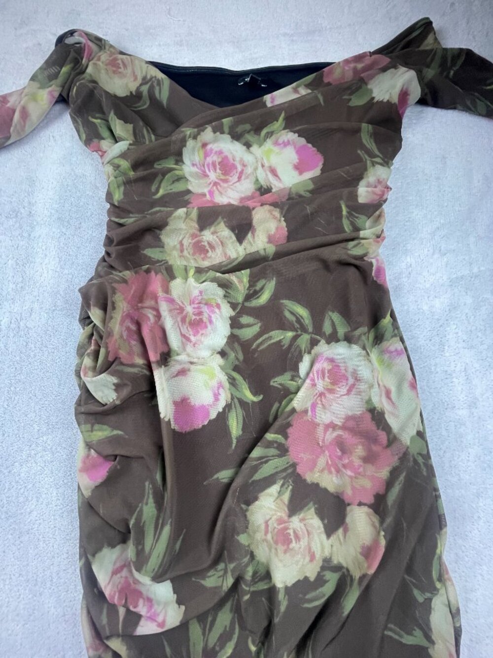 Brown Floral Long‑Sleeve Dress Ruched Waist